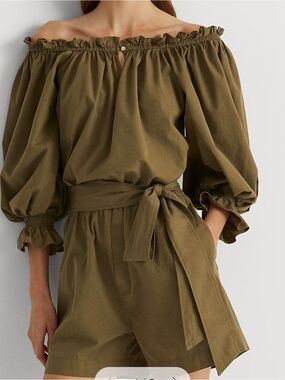 Lauren Ralph Lauren Olive Off-Shoulder Tie-Waist Romper with Ruffled Neckline